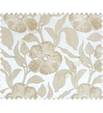 Large beige brown leaf and big flower with embossed look on half white cream shiny fabric main curtain